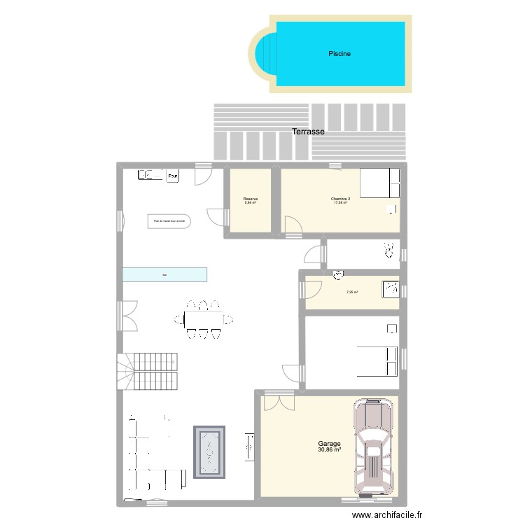 rez de chaussé. Plan de 4 pièces et 61 m2
