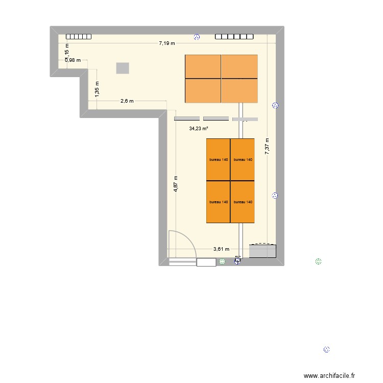 bureau. Plan de 1 pièce et 34 m2