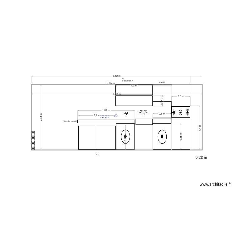 mur nord buanderie. Plan de 1 pièce et 11 m2