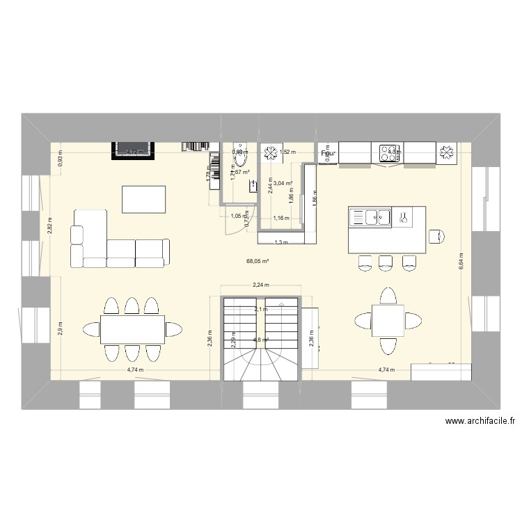 R+1. Plan de 4 pièces et 78 m2