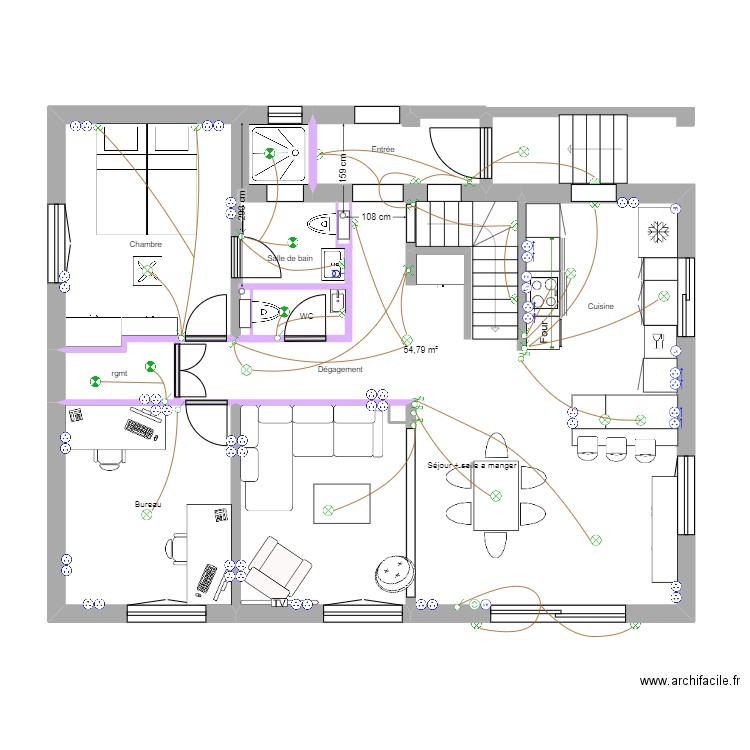 RDC. Plan de 4 pièces et 78 m2