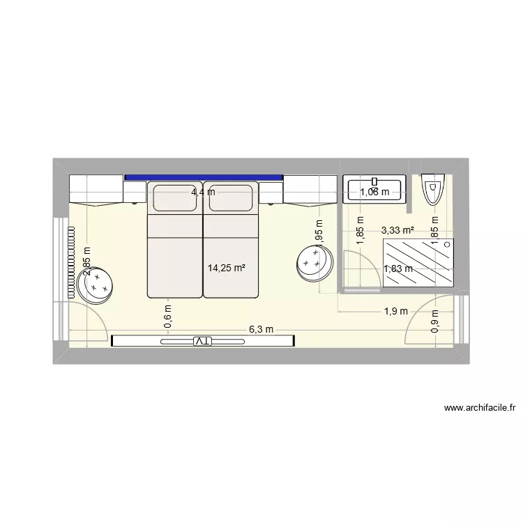 Studio 5 ieme &eacute;tage version Chambre double. Plan de 2 Pièces et 18 m²