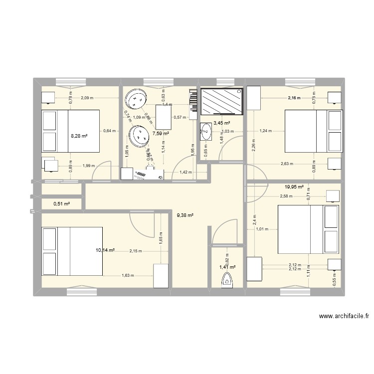 Etage la Rich. Plan de 8 pièces et 61 m2