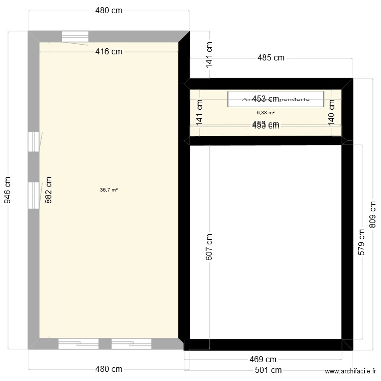 1er étage Alba rdj vide. Plan de 2 pièces et 43 m2