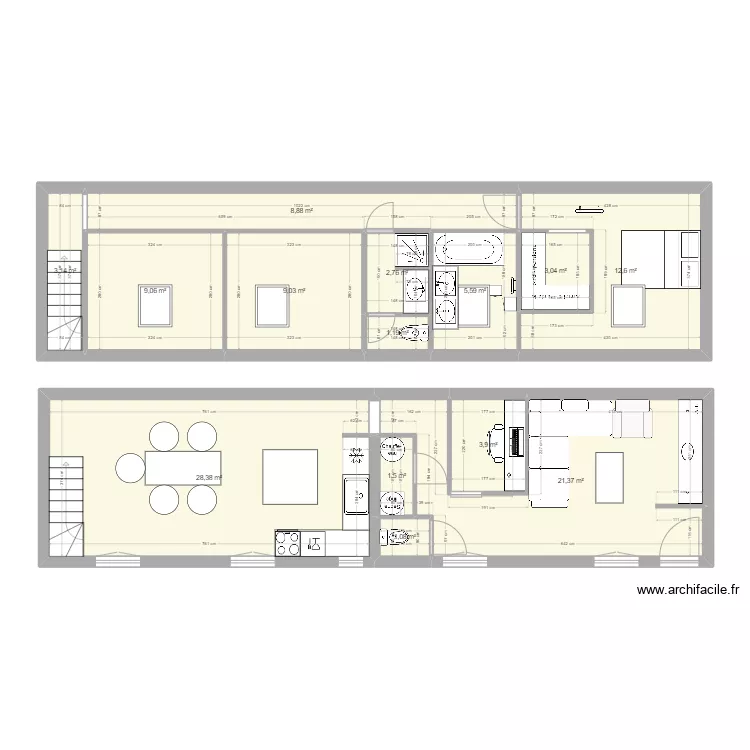 appart 4 avec baignoire. Plan de 