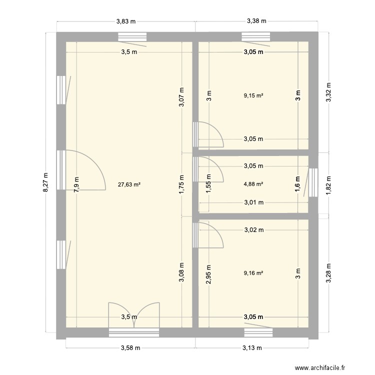 Pallier plan B avec mesures. Plan de 4 pièces et 51 m2