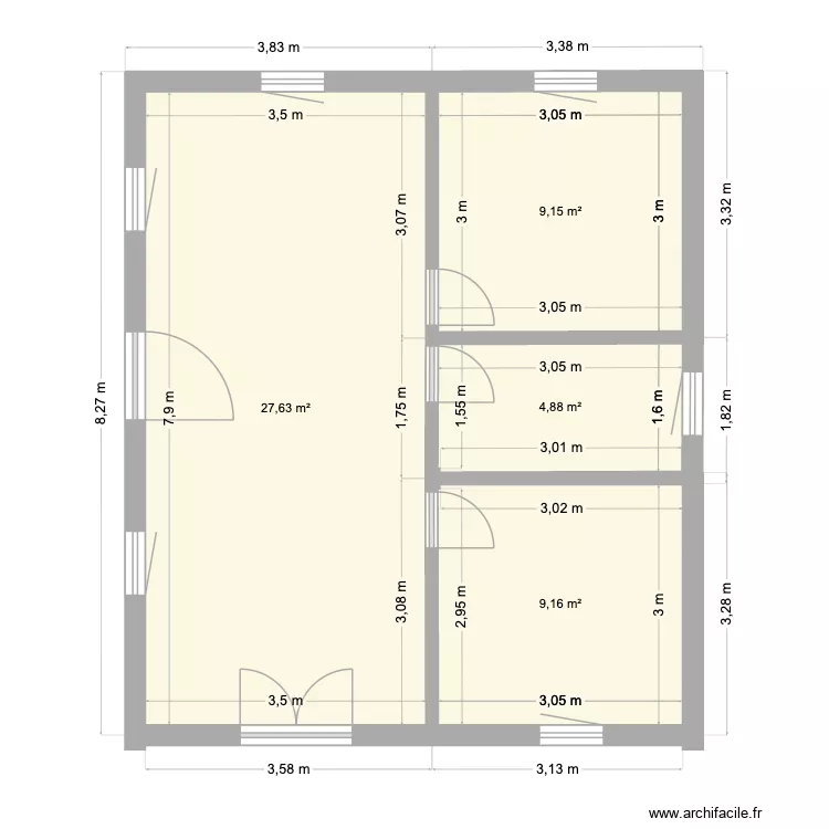 Pallier plan B avec mesures. Plan de 4 pièces et 51 m² Pallier plan B avec mesures. Plan de 4 pièces et 51 m²