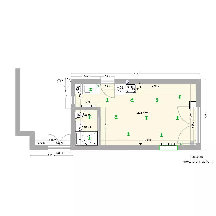 Studio 3-4. Plan de 2 pièces et 23 m²
