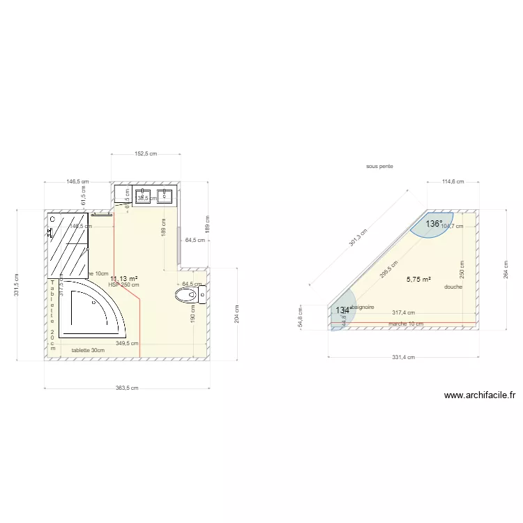 Salle de bain Tudoux. Plan de 2  et 17 m²