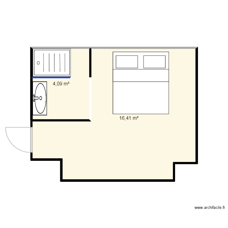 salle de bain chambre en bas. Plan de 2 pièces et 21 m2