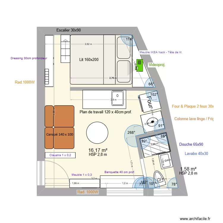 Projet Beaurepaire 2 (sdb + petite). Plan de 2 Pièces et 18 m²
