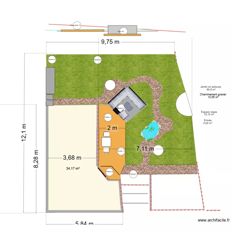 terrasses et eau. Plan de 1 et 34 m² terrasses et eau. Plan de 1 et 34 m²