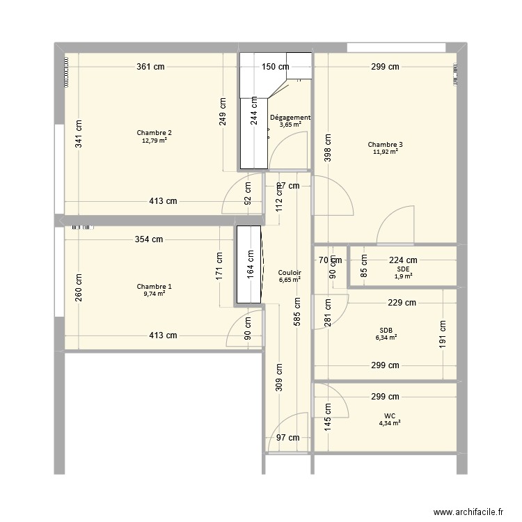 Duchêne - Zone nuit. Plan de 8 pièces et 57 m2