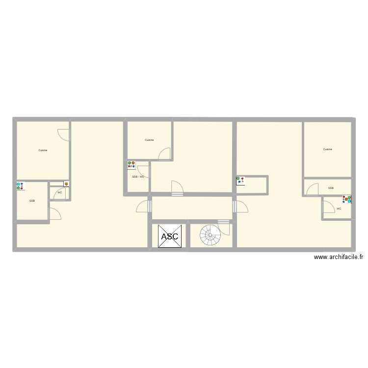 A1 - Pallier. Plan de 14 pièces et 186 m2