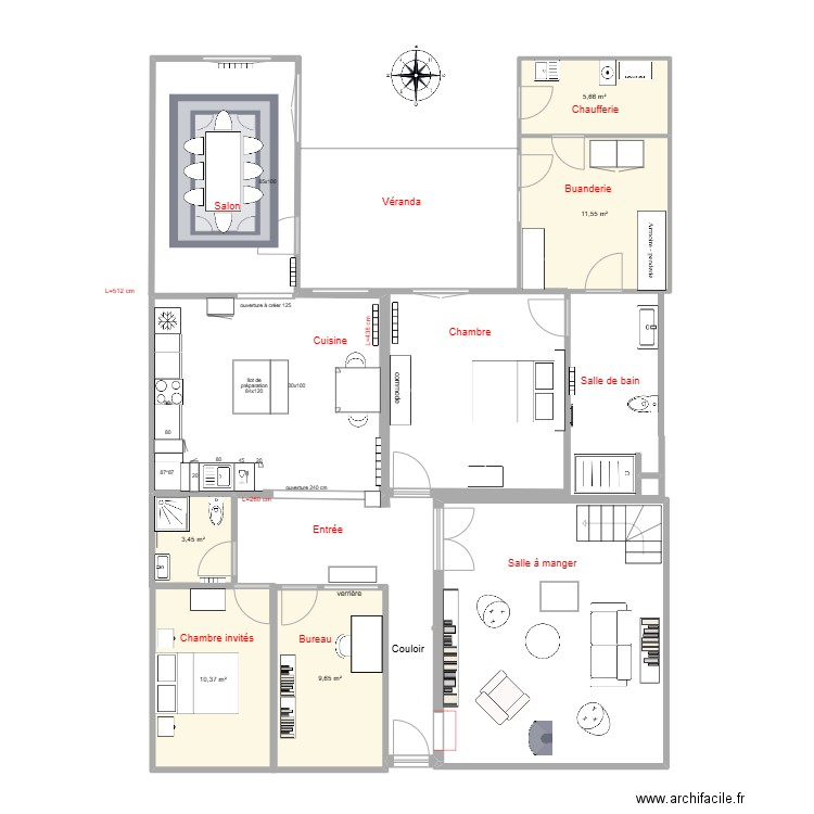 Plan réalisations salon/salle à manger inversés. Plan de 5 pièces et 41 m2