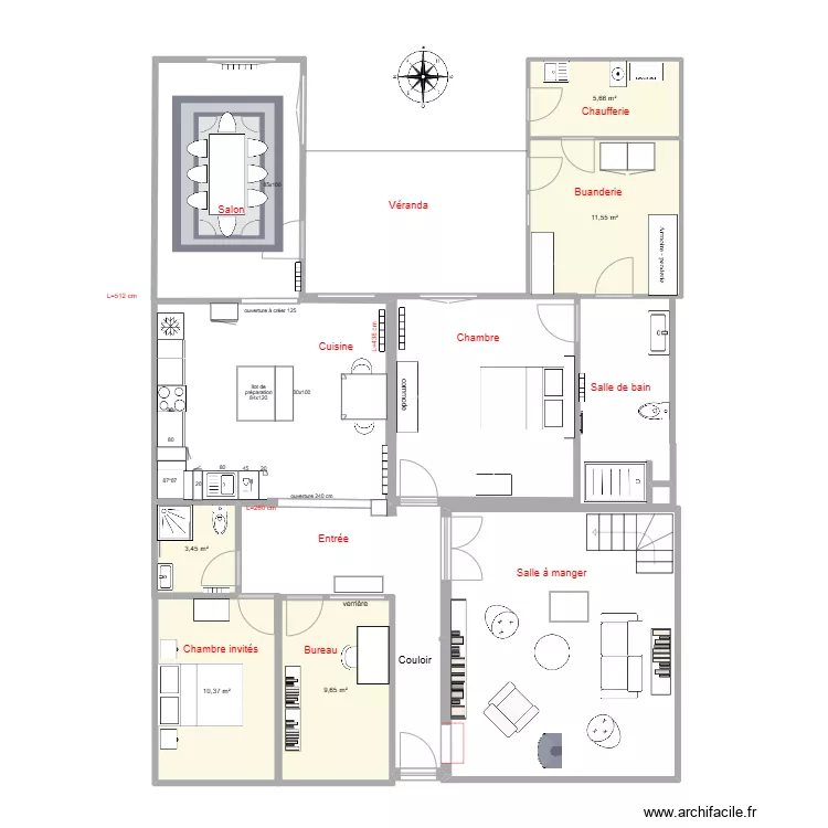Plan r&eacute;alisations salon/salle &agrave; manger invers&eacute;s. Plan de 