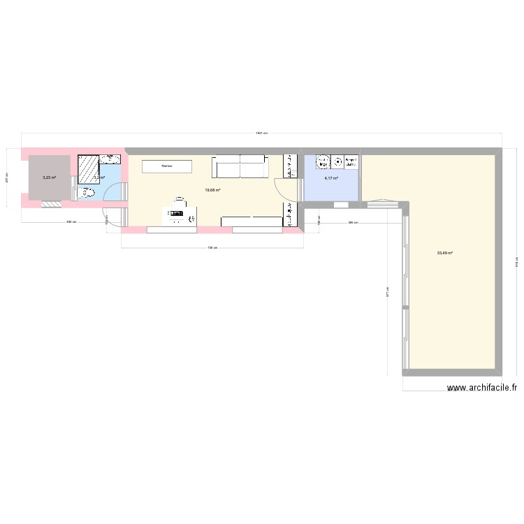Extension. Plan de 5 pièces et 64 m2