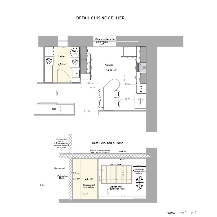 Détail cuisine cellier- Cloison cuisine -salon. Plan de 11 pièces et 18 m2