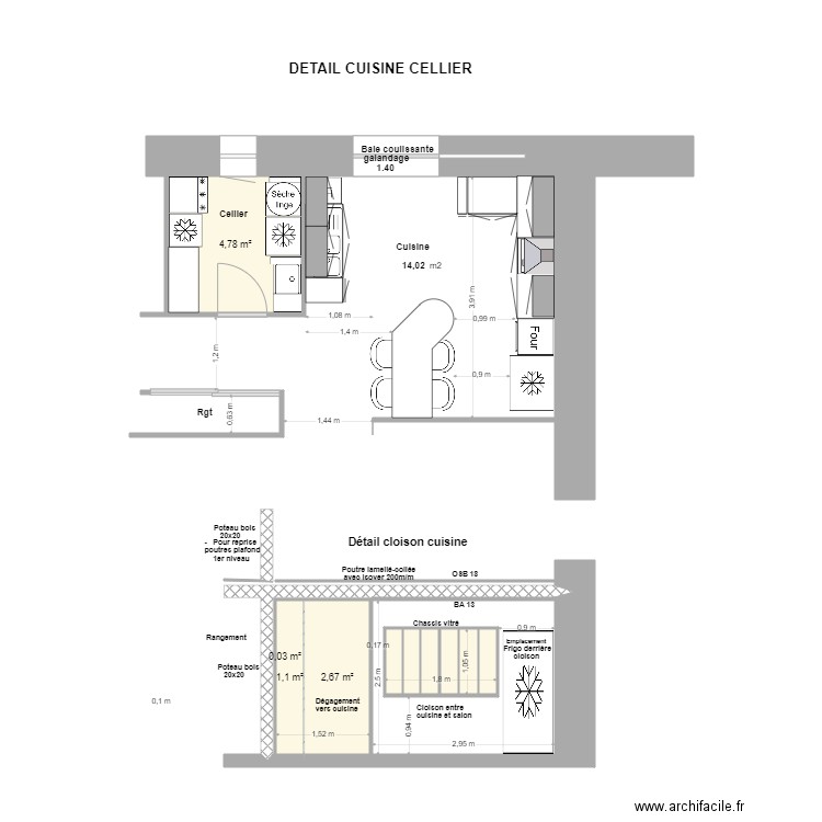 Détail cuisine cellier- Cloison cuisine -salon. Plan de 0 pièce et 0 m2
