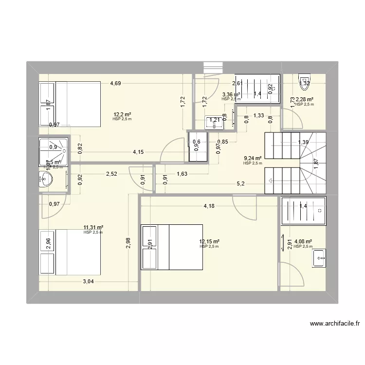 Etage. Plan de 8  et 56 m²