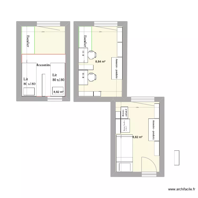 Chambre enfants. Plan de 3 pièces et 26 m²