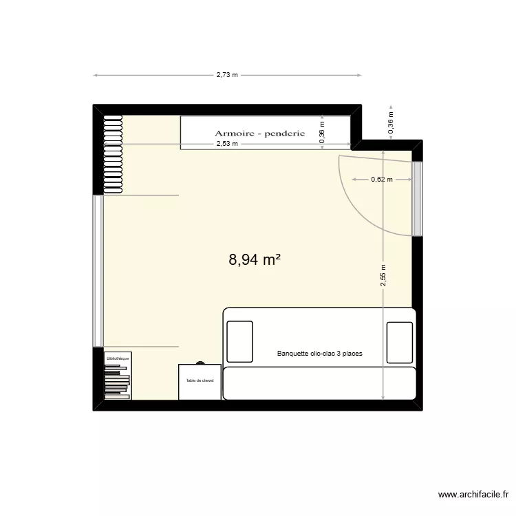 Chambre d\'ami. Plan de 1  et 9 m²