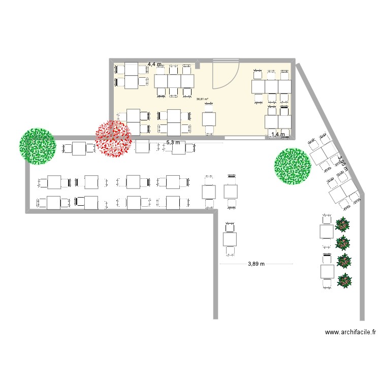 terrasse. Plan de 1 pièce et 37 m2