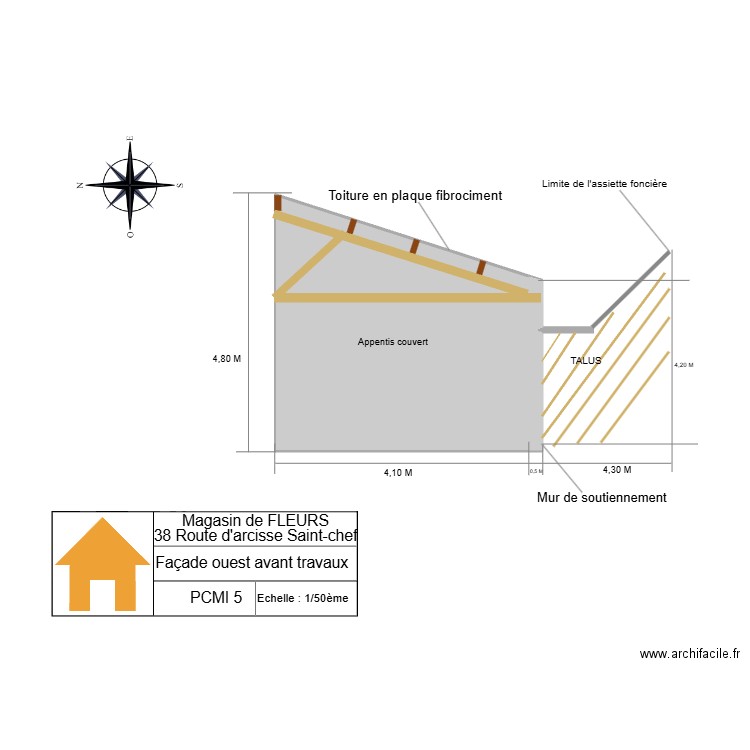 Plan Façade ouest Avant travaux. Plan de 1 pièce et 20 m2