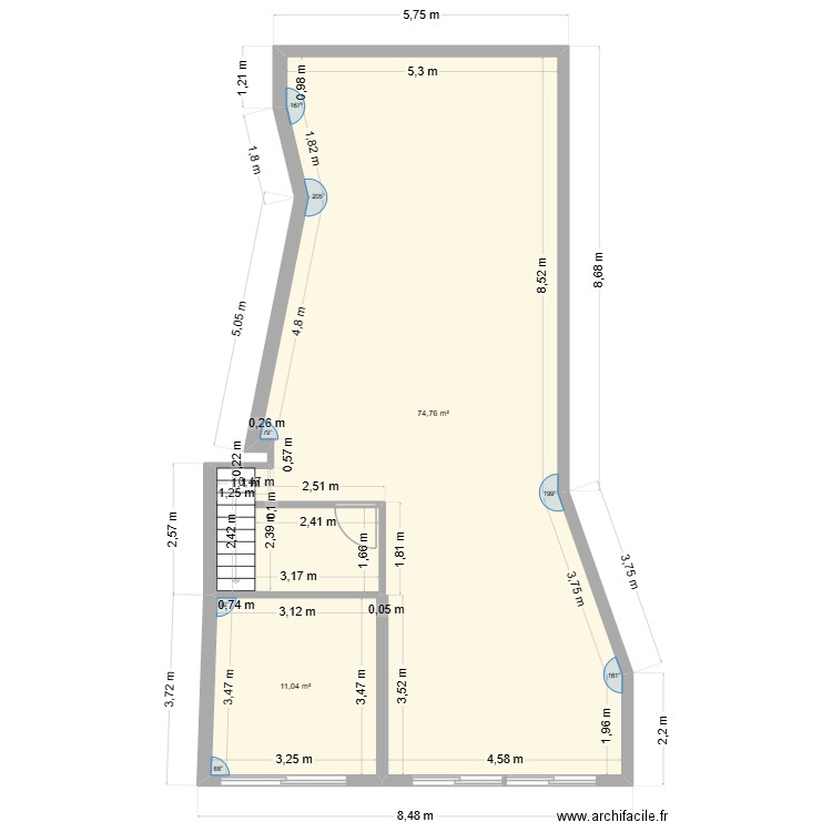 bouvelle rdc. Plan de 2 pièces et 86 m2