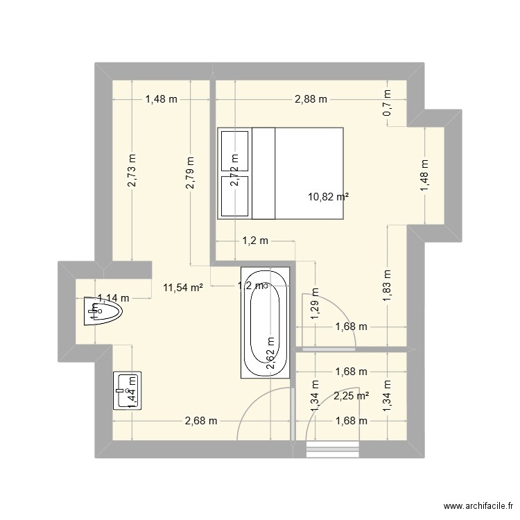 chambre parentale. Plan de 3 pièces et 25 m2