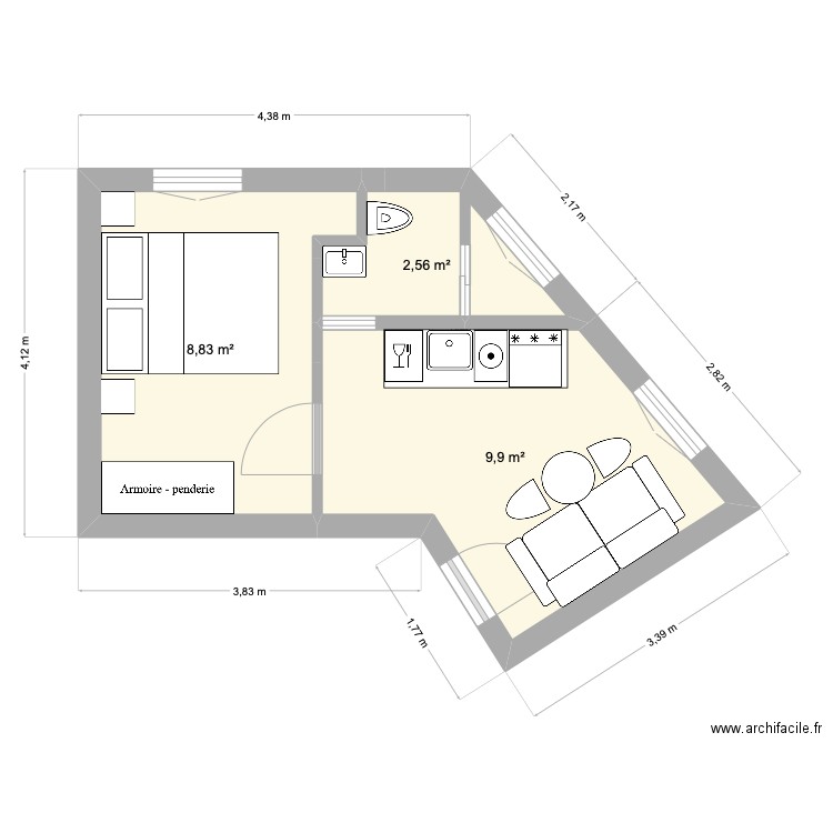 92130 - 2 puces 24m2 V7. Plan de 3 pièces et 23 m2