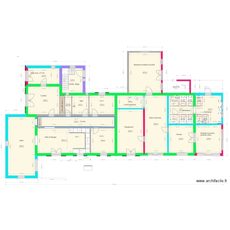 hangar modifie cuisine avec elements  reno mas perret 1958.2002. Plan de 35 pièces et 398 m2
