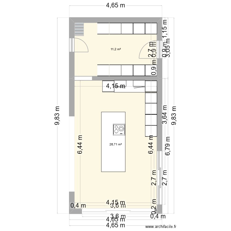 Ploermel. Plan de 2 pièces et 38 m2