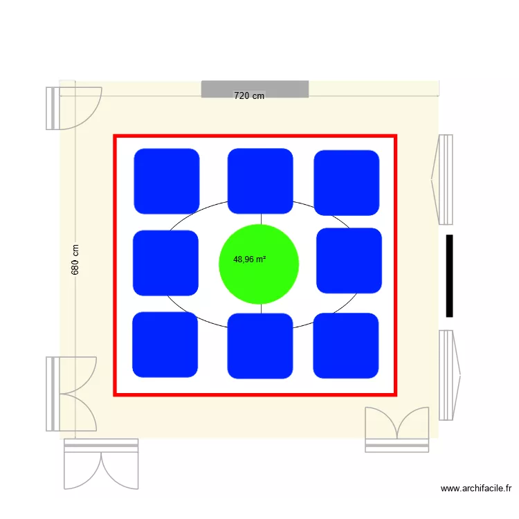 Plan salle de r&eacute;union avec 8 panneaux acoustiques de 125 cm carr&eacute;e. Plan de 1  et 49 m²