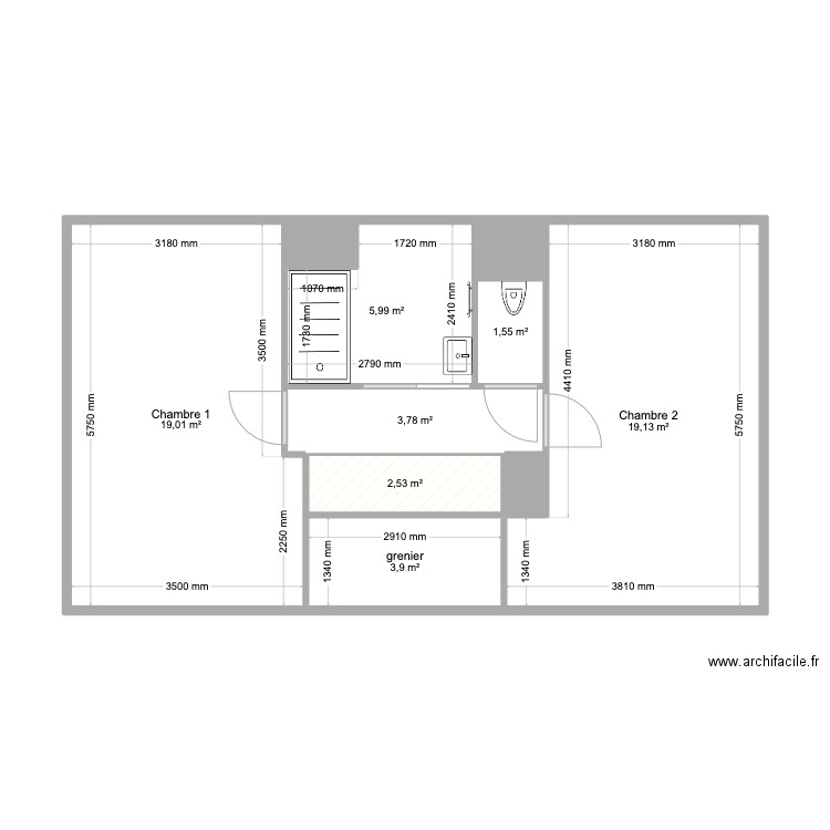 Acigné_Etage. Plan de 10 pièces et 58 m2