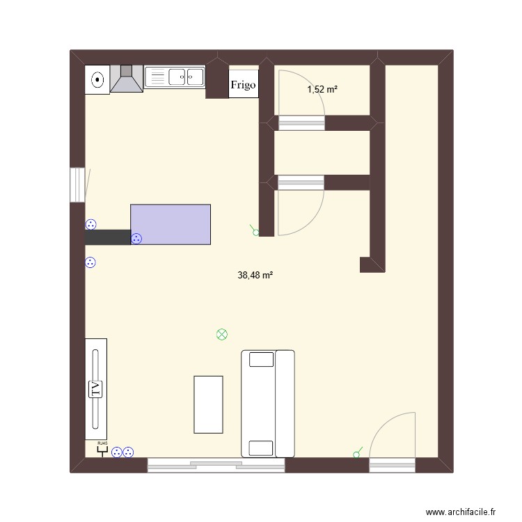 Cuisine réel Bis. Plan de 2 pièces et 40 m2