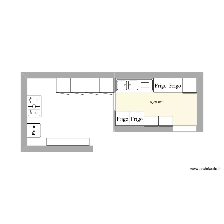 Cuisine club. Plan de 1  et 7 m²
