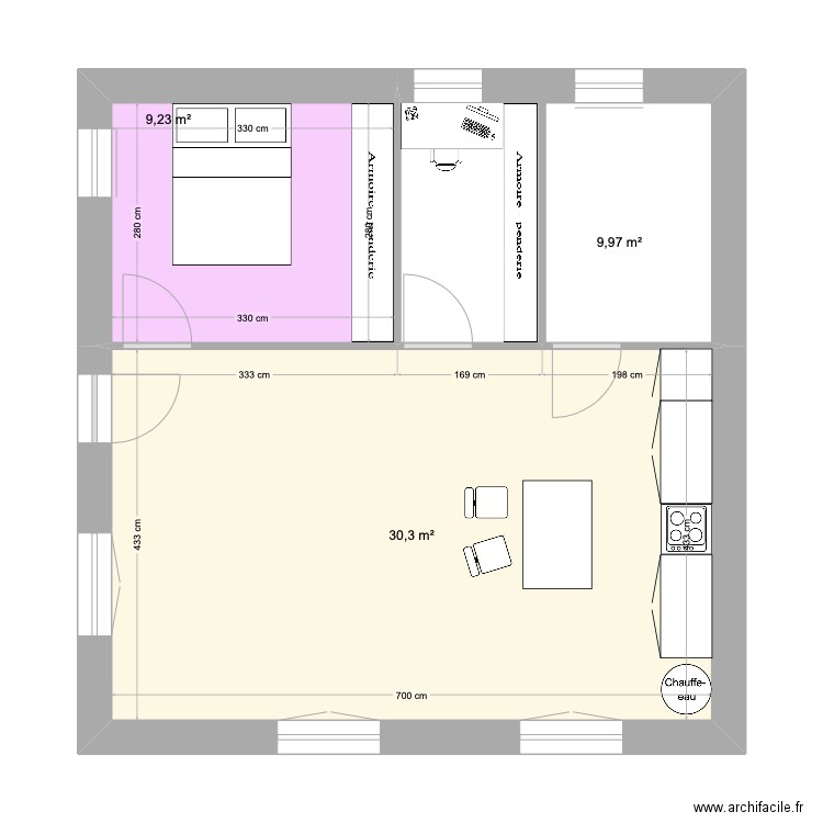 val champ foulon D4. Plan de 3 pièces et 50 m2