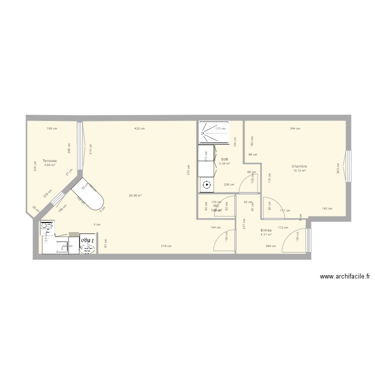 La Roqueturière après. Plan de 6 pièces et 56 m2