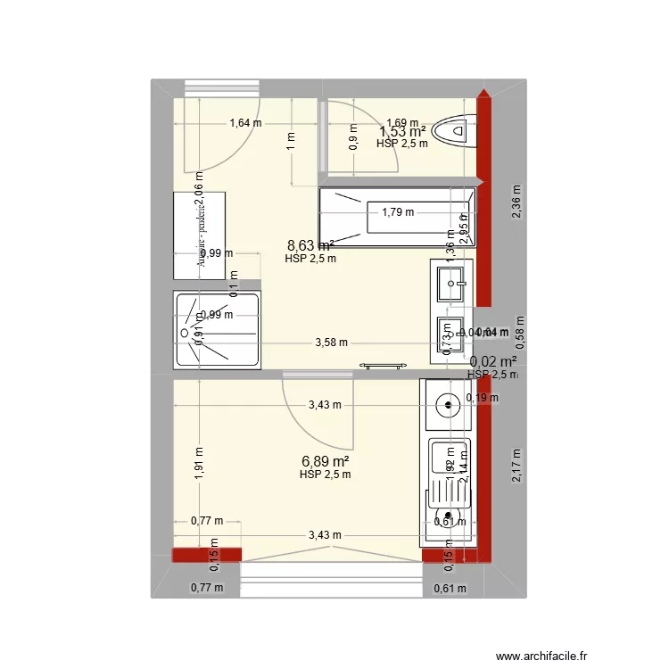 SLB_R+1_SDB001. Plan de 4  et 17 m²