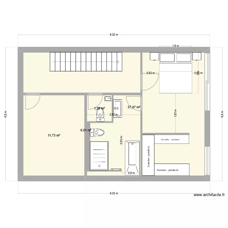 Grande salle de bain - 10 - 1 portes d'accès. Plan de 5 pièces et 51 m² Grande salle de bain - 10 - 1 portes d'accès. Plan de 5 pièces et 51 m²