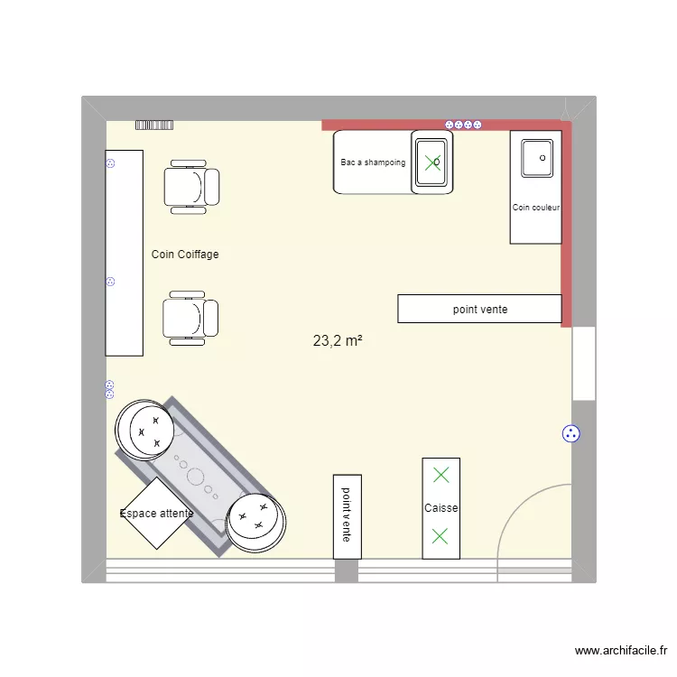 Salon de coiffure bac face mur. Plan de 1 pièce et 23 m²