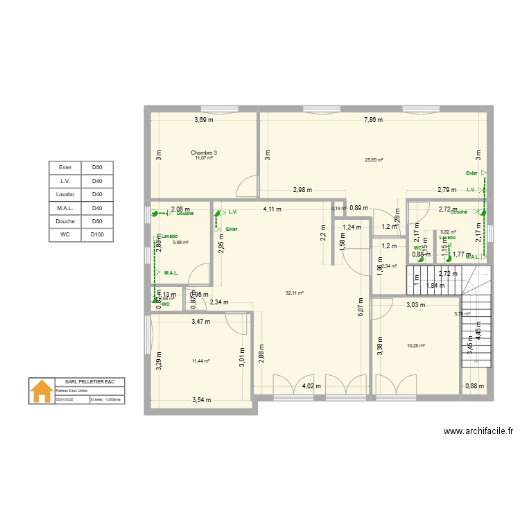 Locaux Saumur - Etage projet aménagement T2+T3 V.22 - Eaux usées. Plan de 11 pièces et 112 m2