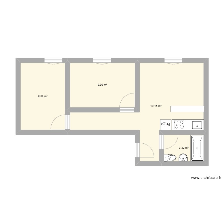 F2 corbeil en F3. Plan de 4 pièces et 41 m2