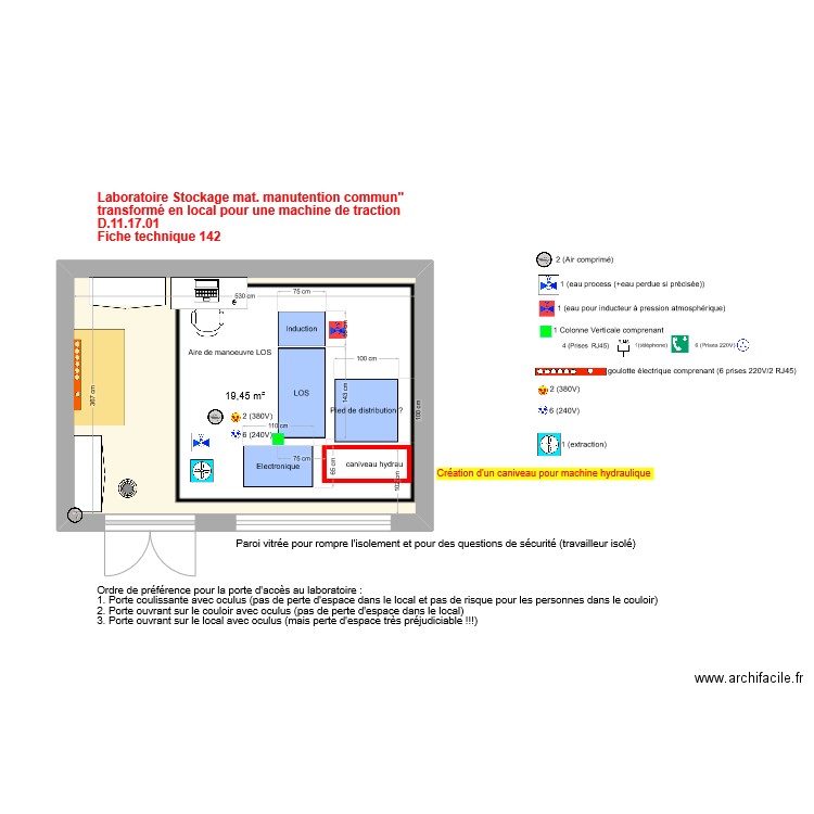 Fiche 142- Stockage mat. manutention commun - Version alternative pour machine d'essai. Plan de 1 pièce et 19 m2