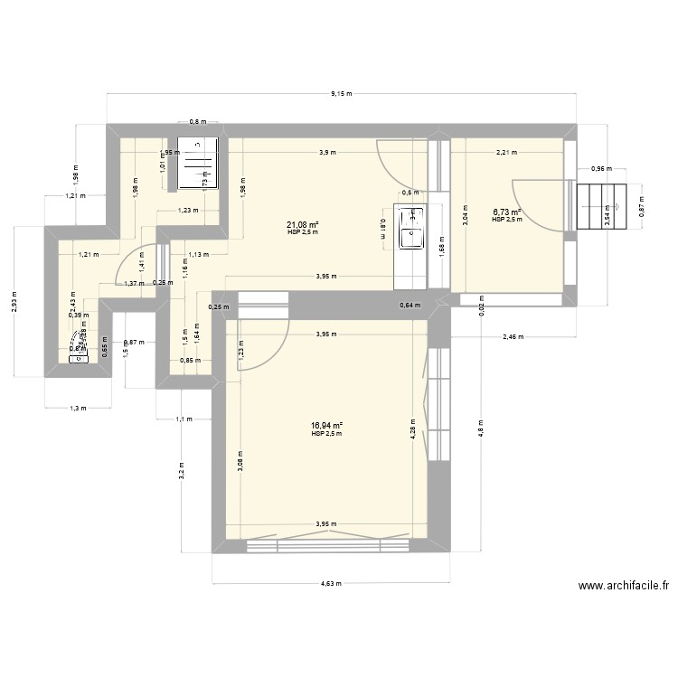 Petit logement. Plan de 3 pièces et 45 m2