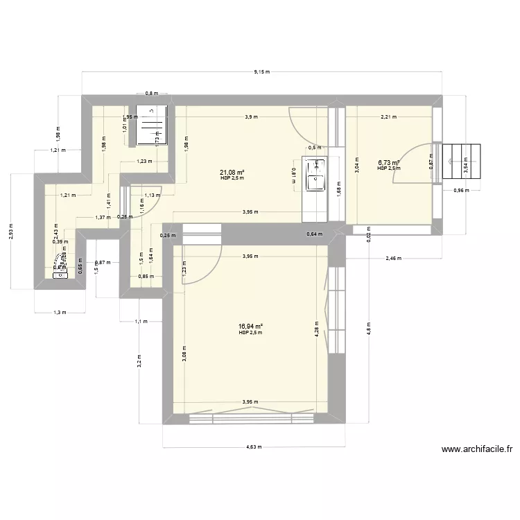 Petit logement. Plan de 3  et 45 m²