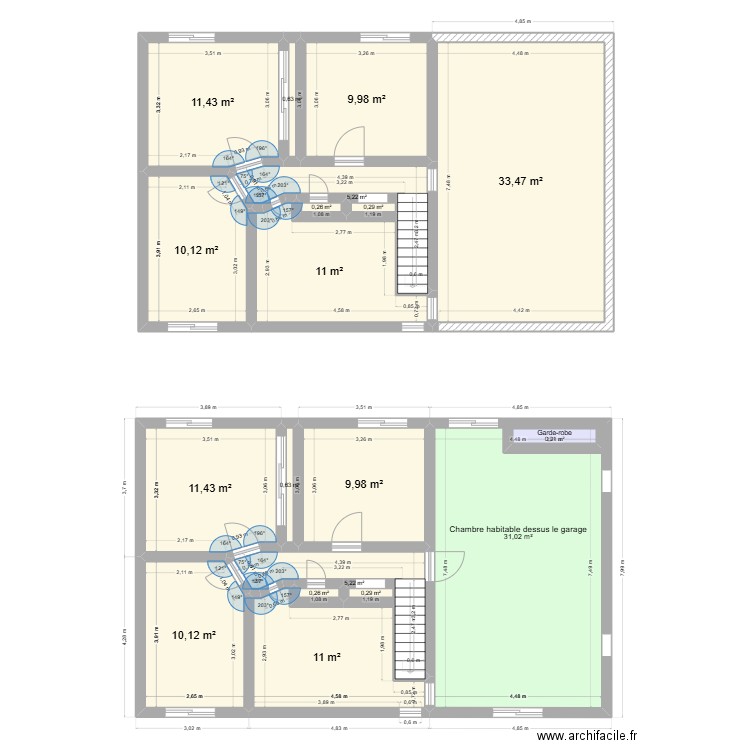 2e étage. Plan de 19 pièces et 166 m2