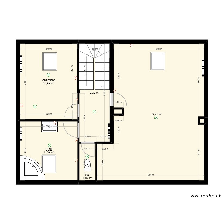 Carpentier - R+1 existant. Plan de 7 pièces et 75 m2