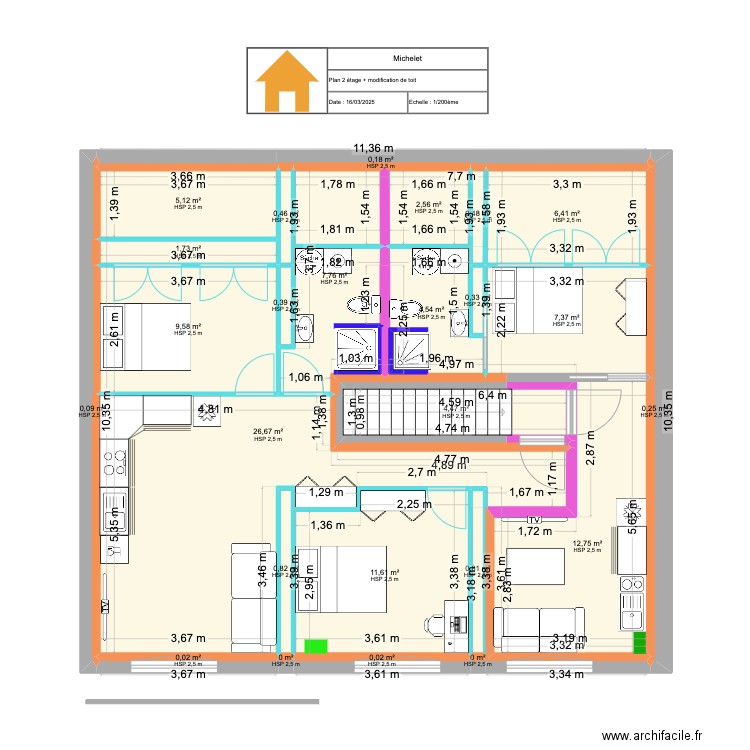 ETAGE 2.4. Plan de 25 pièces et 104 m2